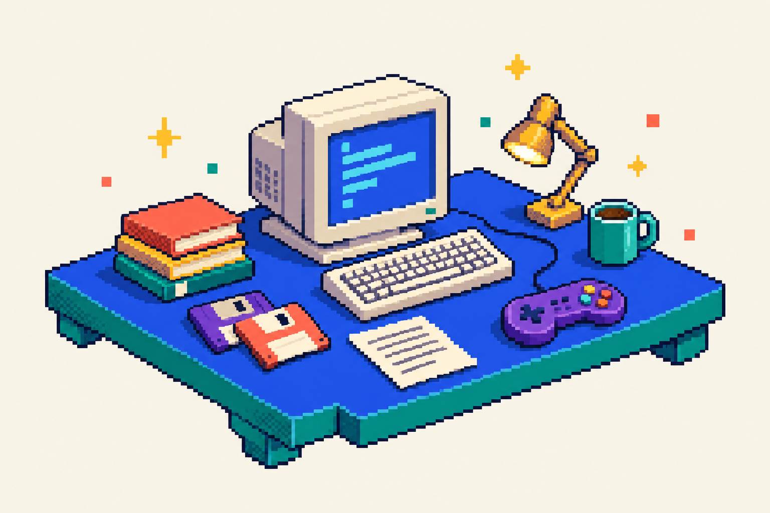 Colorful pixel-art writing studio with a retro computer, books, and creative tools
